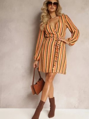 Zdjęcie produktu Pomarańczowa Sukienka Mini w Paski z Kopertowym Dekoltem i Materiałowym Paskiem Aketane