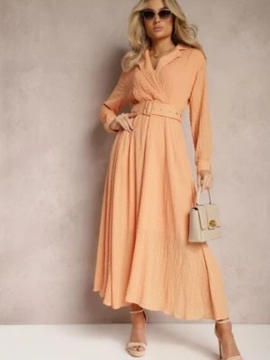 Zdjęcie produktu Pomarańczowa Sukienka o Rozkloszowanym Fasonie z Paskiem i Kopertowym Dekoltem Tifena