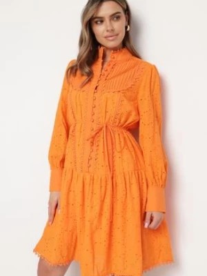 Zdjęcie produktu Pomarańczowa Sukienka z Haftowanej Tkaniny ze Stójką i Perłowymi Guzikami Salino