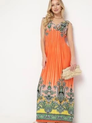 Zdjęcie produktu Pomarańczowa Sukienka z Troczkami w Ramionach Rozkloszowana z Dekoltem w V Araxeda