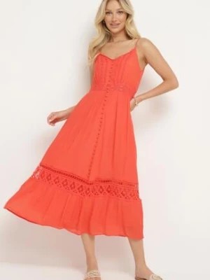Zdjęcie produktu Pomarańczowa Sukienka z Wiskozą na Regulowanych Ramiączkach z Koronką Gumką w Pasie Oalea