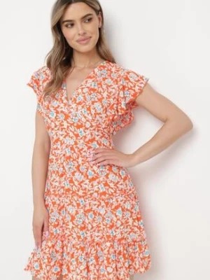 Zdjęcie produktu Pomarańczowa Sukienka z Wiskozy w Kwiatowy Wzór z Kopertowym Dekoltem Avafia