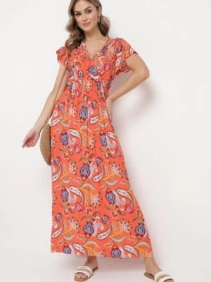 Zdjęcie produktu Pomarańczowa Sukienka z Wiskozy z Gumką w Pasie i Kopertowym Dekoltem Kaliona