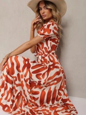 Zdjęcie produktu Pomarańczowa Sukienka z Wiskozy z Trójkątnym Dekoltem i Gumką w Pasie z Materiałowym Paskiem Viketa