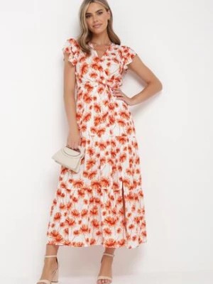 Zdjęcie produktu Pomarańczowa Wiskozowa Maxi Sukienka z Kopertowym Dekoltem z Gumką w Pasie i Falbankami Ayzley