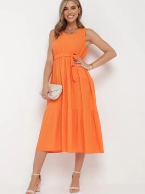 Zdjęcie produktu Pomarańczowa Wiskozowa Sukienka Midi z Gumką w Pasie i Materiałowym Paskiem Bicuh