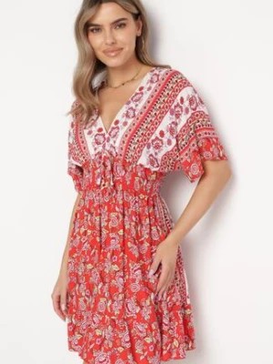 Zdjęcie produktu Pomarańczowo-Biała Wiskozowa Sukienka w Kwiatowy Wzór z Szerokimi Rękawami i Gumką w Pasie Elairssa
