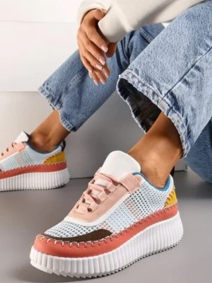Zdjęcie produktu Pomarańczowe Sneakersy na Platformie Ozdobione Tweedowymi Wstawkami i Cyrkoniami Eganna