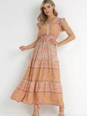 Zdjęcie produktu Pomarańczowo-Beżowa Sukienka Maxi z Wiskozy w Stylu Boho Larres
