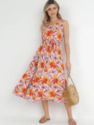Zdjęcie produktu Pomarańczowo-Różowa Rozkloszowana Sukienka z Gumką w Talii i Wiązaniem z Wiskozy Keendust