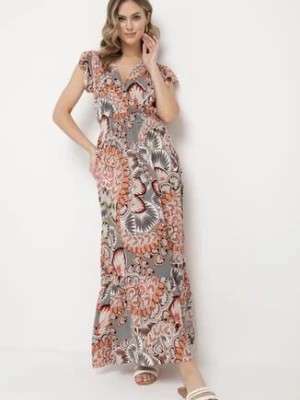 Zdjęcie produktu Pomarańczowo-Szara Bawełniana Sukienka z Kopertowym Dekoltem i Wzorem w Stylu Etno Ferdilana