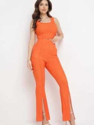 Zdjęcie produktu Pomarańczowy Elegancki Komplet Prążkowany z Topem i Spodniami Dzwony Laneri