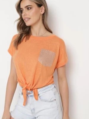 Zdjęcie produktu Pomarańczowy Klasyczny T-shirt Wiązany na Dole z Cyrkoniami Efigga