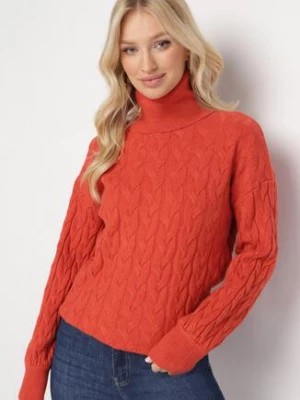 Zdjęcie produktu Pomarańczowy Sweter z Golfem w Warkoczowy Splot ze Ściągaczami Maraiwai