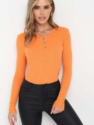 Zdjęcie produktu Pomarańczowy Sweter z Prążkowanej Dzianiny z Guzikami Rlyce