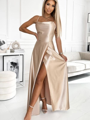 Zdjęcie produktu Primavera satynowa długa suknia z dekoltem na plecach - ZŁOTA Merg