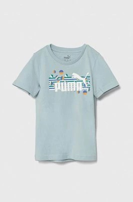 Zdjęcie produktu Puma t-shirt bawełniany dziecięcy ESS+ SUMMER CAMP Tee kolor turkusowy z nadrukiem