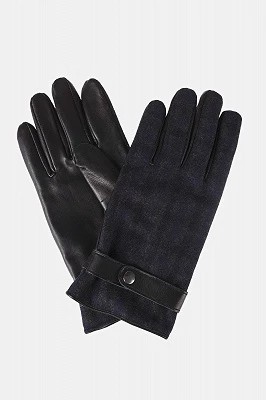 Zdjęcie produktu Rękawiczki Czarne Skórzane z Wełną w Granatową Kratę Lancerto
