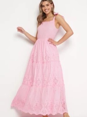 Zdjęcie produktu Różowa Bawełniana Sukienka Maxi z Ażurowego Materiału z Wiązanymi Ramiączkami Lariven