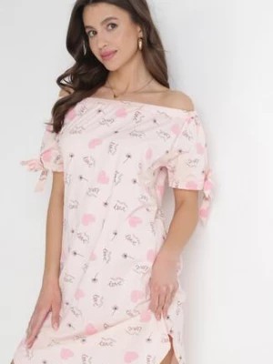 Zdjęcie produktu Różowa Bawełniana Sukienka Mini z Hiszpańskim Dekoltem i Ozdobnymi Rękawami Rynla