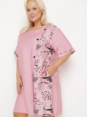 Zdjęcie produktu Różowa Bawełniana Sukienka o Pudełkowym Kroju z Wsuwanymi Kieszeniami Ozdobiona Guzikami Walliana