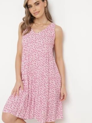 Zdjęcie produktu Różowa Bawełniana Sukienka w Kwiaty z Falbanką Rissafa
