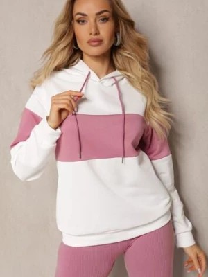 Zdjęcie produktu Biało-Różowa Bluza z Bawełny Typu Kangur z Kapturem Hetella