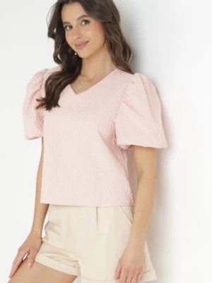 Zdjęcie produktu Różowa Bluzka z Bufiastymi Krótkimi Rękawami Casania