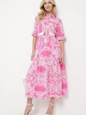 Zdjęcie produktu Różowa Długa Sukienka Rozkloszowana w Ornamentalny Wzór z Falbanką Ariantise