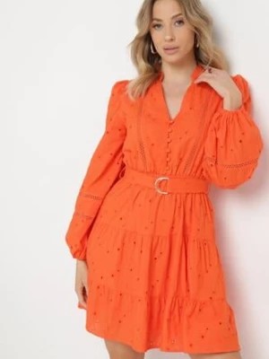 Zdjęcie produktu Pomarańczowa Haftowana Sukienka z Bawełny Zapinana przy Dekolcie na Guziki z Gumką w Pasie i Paskiem Passema