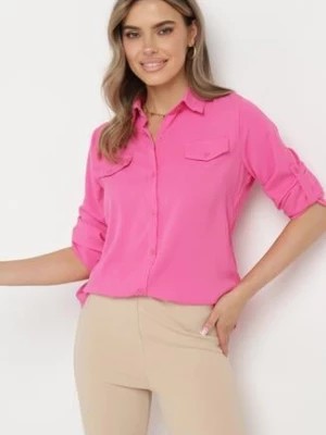 Zdjęcie produktu Różowa Klasyczna Koszula z Imitacją Kieszeni i Ozdobnymi Tłoczeniami Lallama