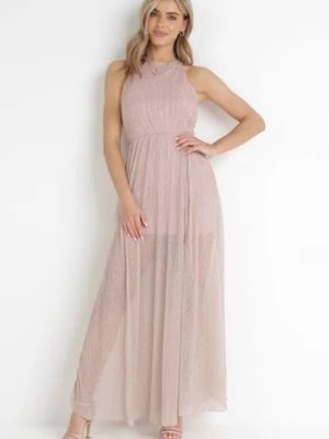 Zdjęcie produktu Różowa Koktajlowa Sukienka z Gumką w Talii z Metaliczną Nicią Lilyan