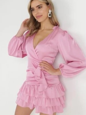 Zdjęcie produktu Różowa Kopertowa Sukienka Mini z Falbankami Oledo