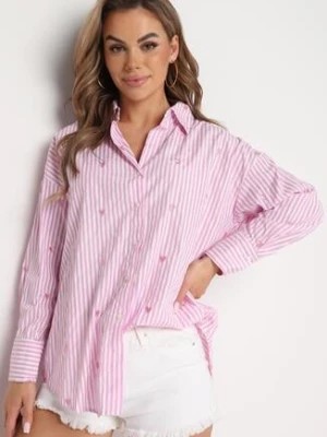 Zdjęcie produktu Różowa Koszula Bawełniana w Paski z Haftowanymi Serduszkami Sanileni