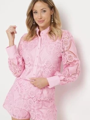 Zdjęcie produktu Różowa Koszula Koronkowa w Ażurowe Wzory Saoime
