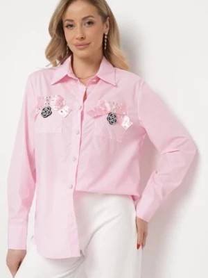 Zdjęcie produktu Różowa Koszula na Biżuteryjne Guziki ze Zdobionymi Kieszeniami Nerlla