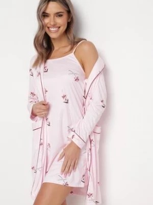 Zdjęcie produktu Różowa Koszula Nocna na Cienkich Ramiączkach i Szlafrok Wiązany w Pasie Aggeo