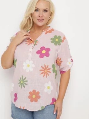 Zdjęcie produktu Różowa Koszula z Lnu i Bawełny w Kwiaty z Krótkim Rękawem Ambubia