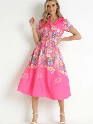 Zdjęcie produktu Różowa Koszulowa Sukienka w Kwiaty z Paskiem Islaine