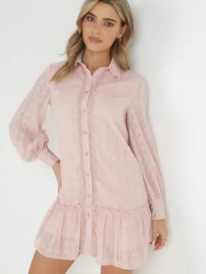 Zdjęcie produktu Różowa Koszulowa Sukienka z Metaliczną Nitką Shenemi