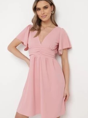 Zdjęcie produktu Różowa Krótka Sukienka z Luźnym Rękawem i Gumką w Talii Bainasa
