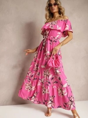 Zdjęcie produktu Różowa Kwiecista Sukienka Typu Hiszpanka z Gumką w Talii i Materiałowym Paskiem Pori
