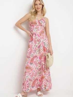 Zdjęcie produktu Różowa Letnia Sukienka we Wzór Paisley z Regulowanymi Ramiączkami i Sznurkiem w Talii Viafina