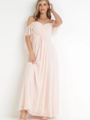 Zdjęcie produktu Różowa Maxi Sukienka o Rozkloszowanym Fasonie na Cienkich Skrzyżowanych Ramiączkach Hendina