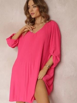 Zdjęcie produktu Różowa Plisowana Sukienka Mini z Długimi Rękawami Oversize Ticini