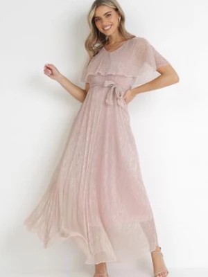 Zdjęcie produktu Różowa Rozkloszowana Sukienka Maxi z Gumką w Pasie i Metaliczną Nitką Yura