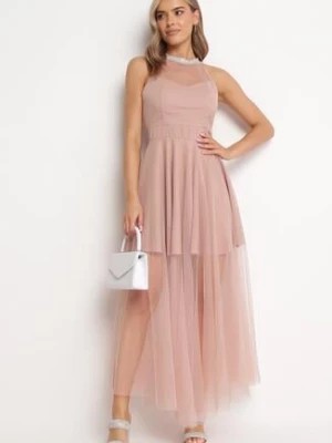 Zdjęcie produktu Różowa Rozkloszowana Sukienka Maxi z Tiulem i Cyrkoniami Lilianie