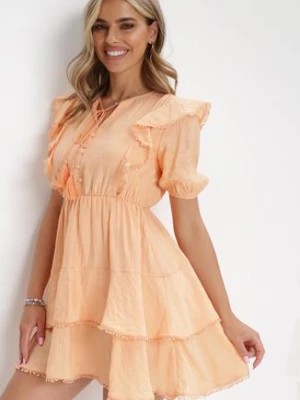 Zdjęcie produktu Pomarańczowa Rozkloszowana Sukienka Mini z Gumką w Talii i Koronkowymi Wstawkami Kiva