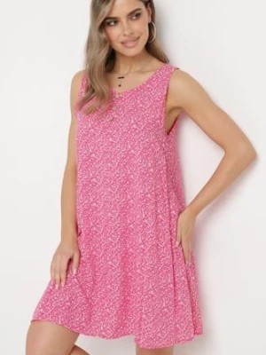 Zdjęcie produktu Różowa Rozkloszowana Sukienka z Bawełny z Ozdobnymi Guzikami przy Dekolcie Biarlia
