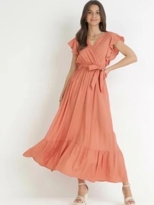Zdjęcie produktu Pomarańczowa Rozkloszowana Sukienka z Wiązanym Paskiem Nonru